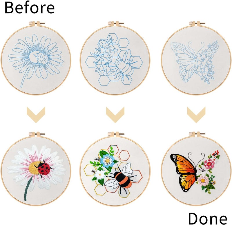 Nuberlic 3 Pack Funny Embroidery Kits for Adults Beginner, Stamped Cross Stitch Kit for Crafts Starters with Cute Bees Butterfly Patterns Include Hoop Cloth Thread Needles Instructions - Image 3